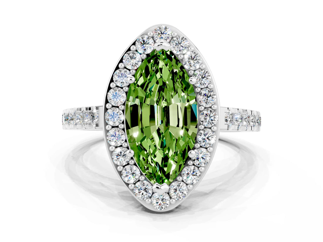 White gold Marquise Cut Halo Diamond Ring with Pavé Band and Three-Prong Setting_6