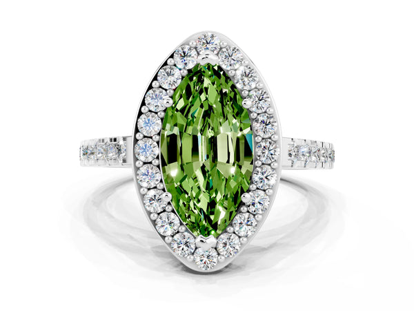 White gold Marquise Cut Halo Diamond Ring with Pavé Band and Three-Prong Setting