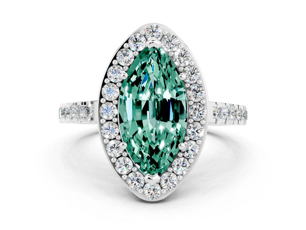 Silver Marquise Cut Green Sapphire Halo Ring with Round Pavé Split Shank and Prong Setting