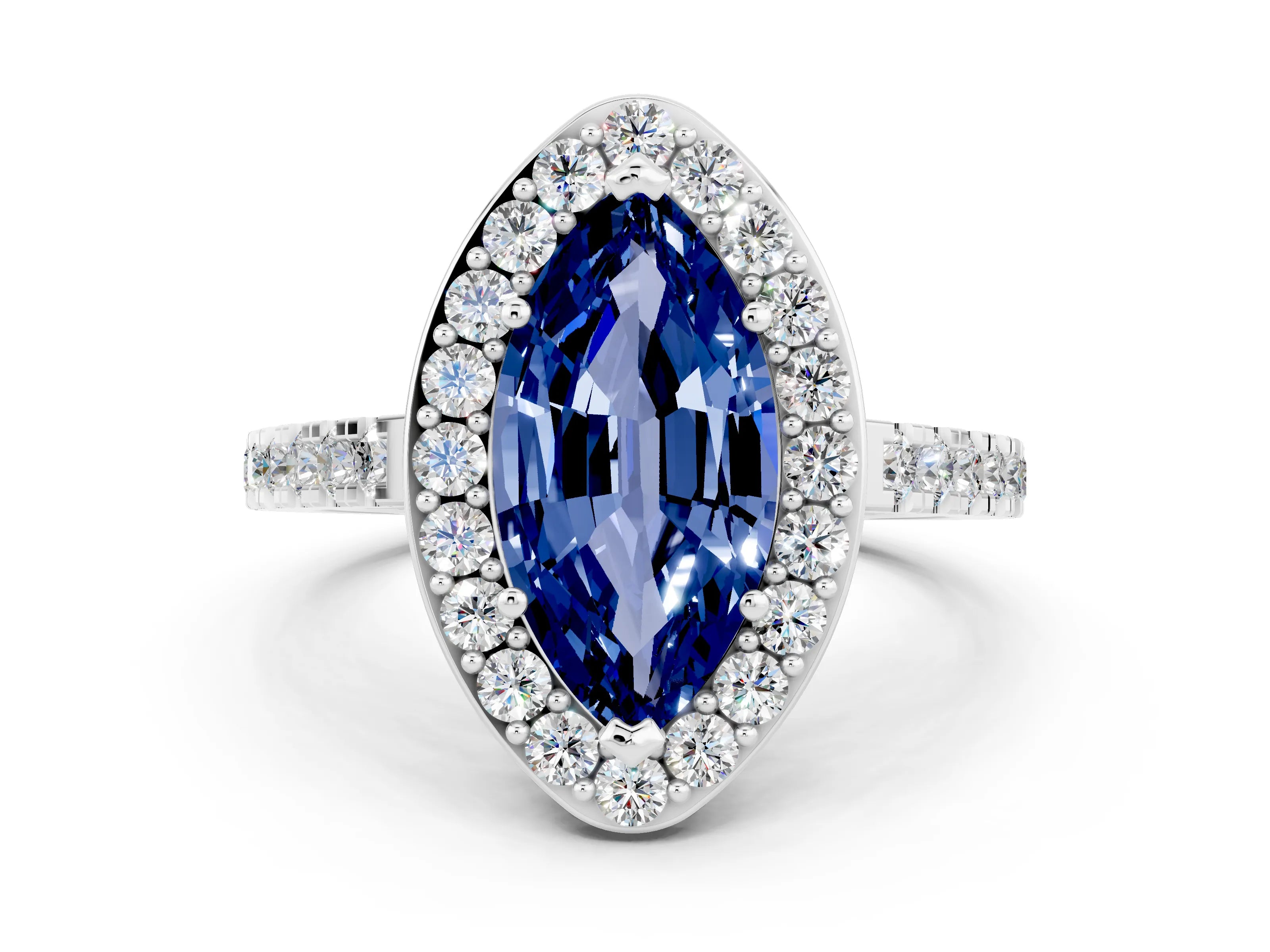 White gold Marquise Cut Halo Diamond Ring with Pavé Band and Three-Prong Setting_6
