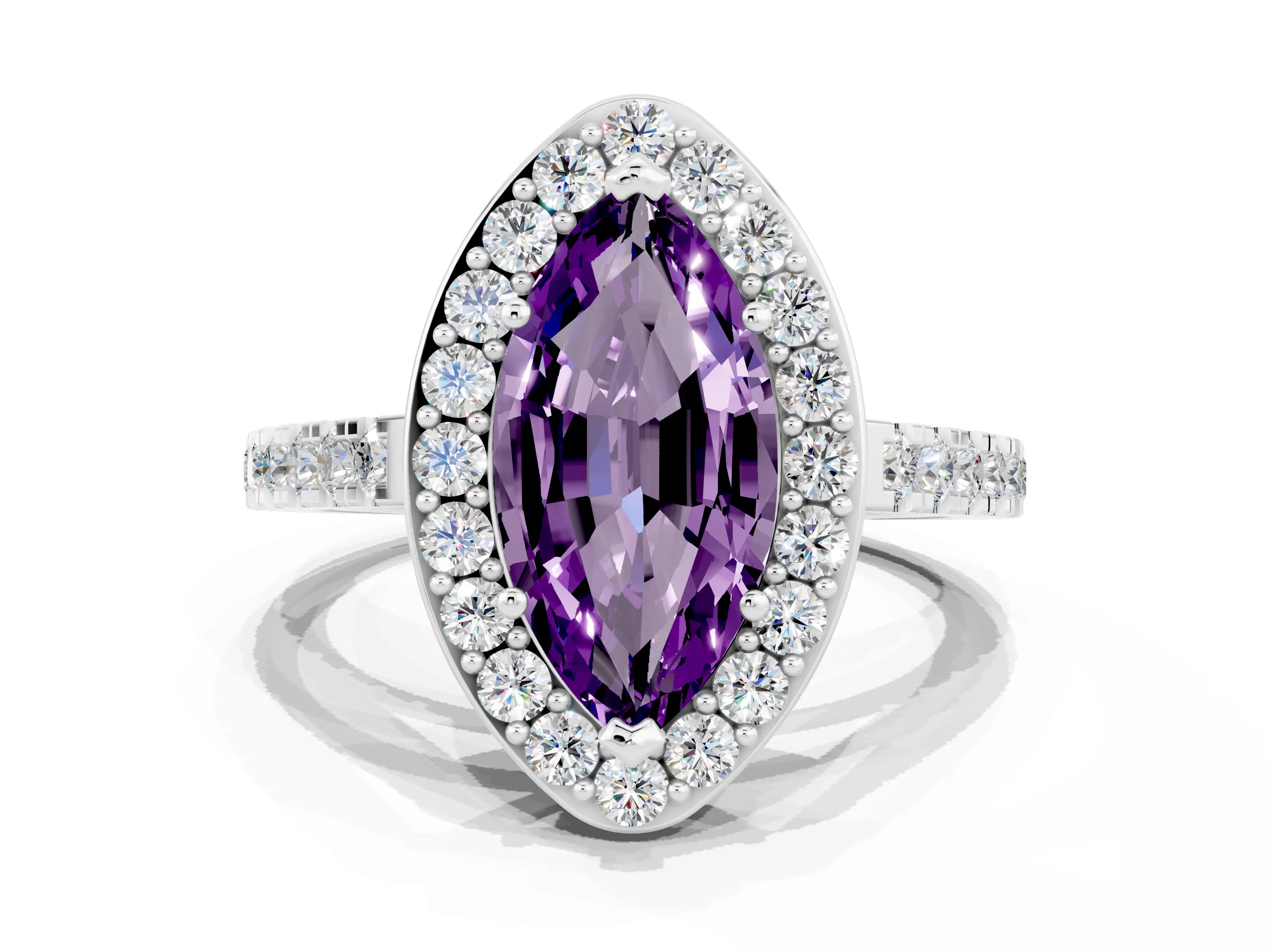 White gold Marquise Cut Halo Diamond Ring with Pavé Band and Three-Prong Setting_6