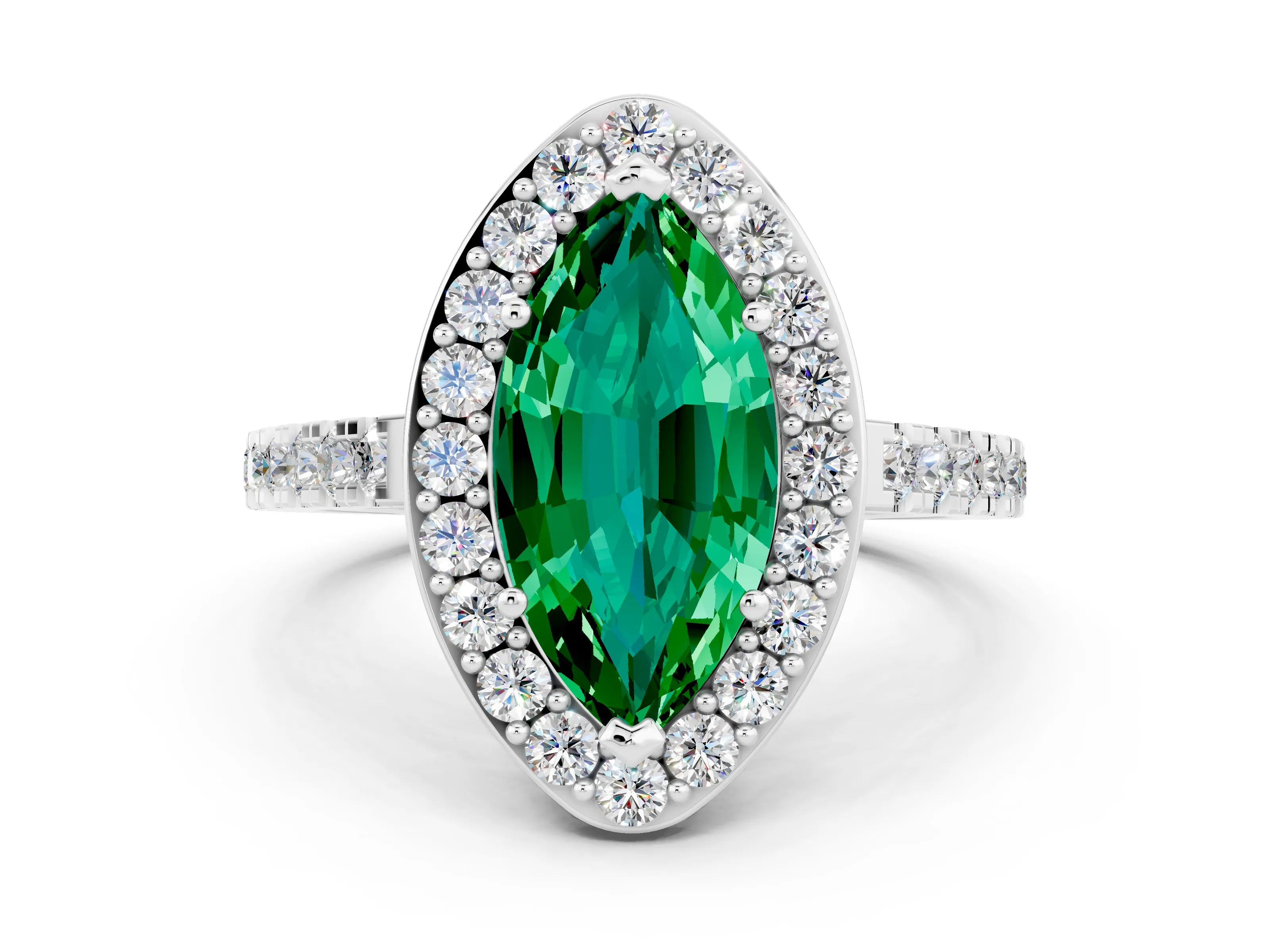 White gold Marquise Cut Halo Diamond Ring with Pavé Band and Three-Prong Setting_6