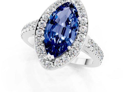White gold Marquise Cut Halo Diamond Ring with Pavé Band and Three-Prong Setting_7