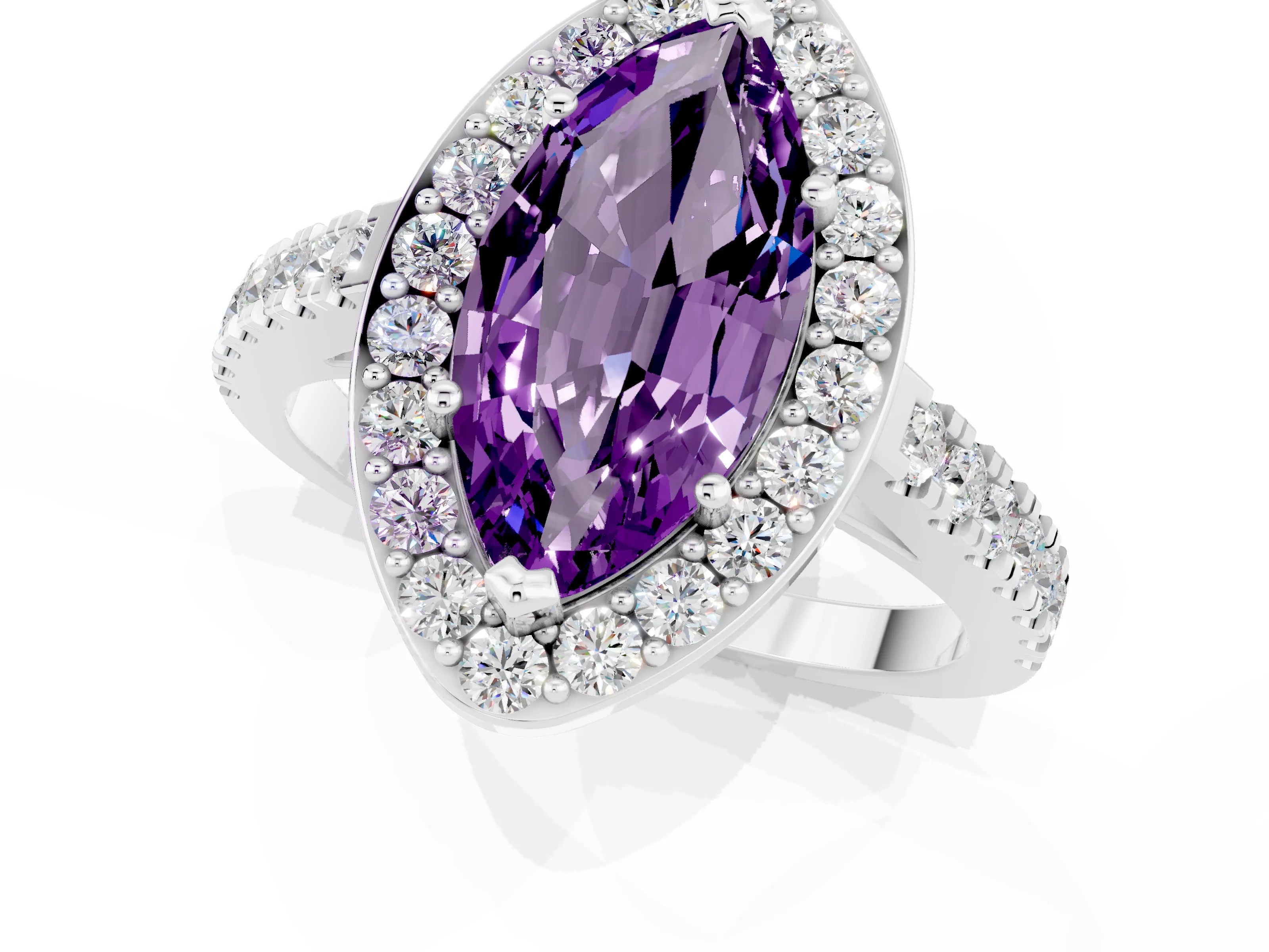 White gold Marquise Cut Halo Diamond Ring with Pavé Band and Three-Prong Setting_7