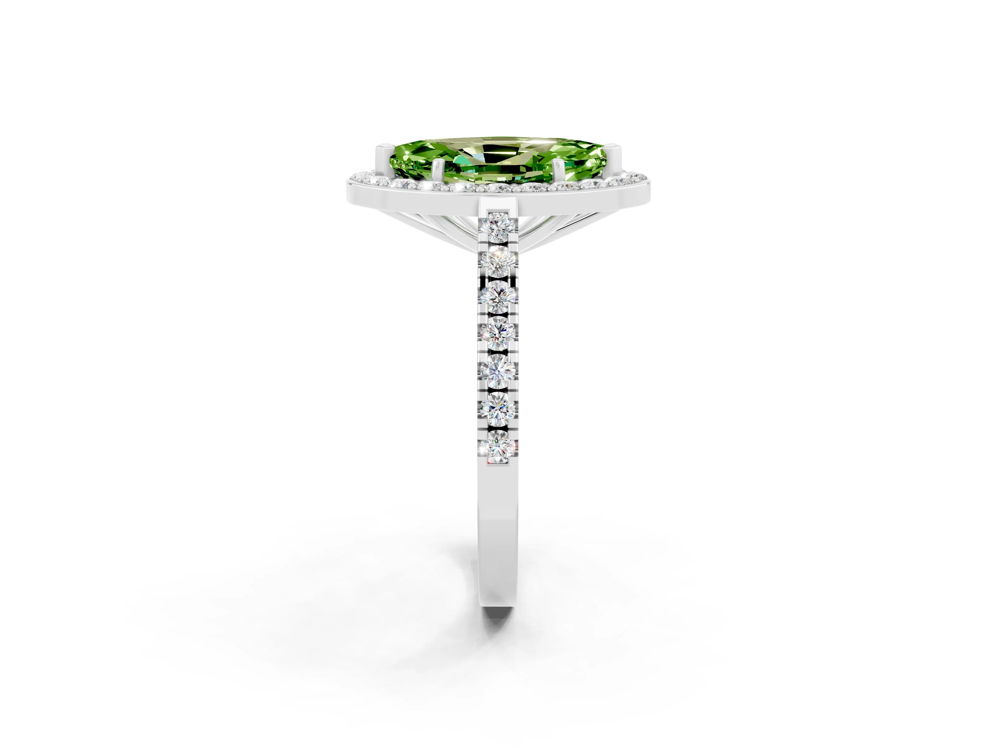 White gold Marquise Cut Halo Diamond Ring with Pavé Band and Three-Prong Setting_8
