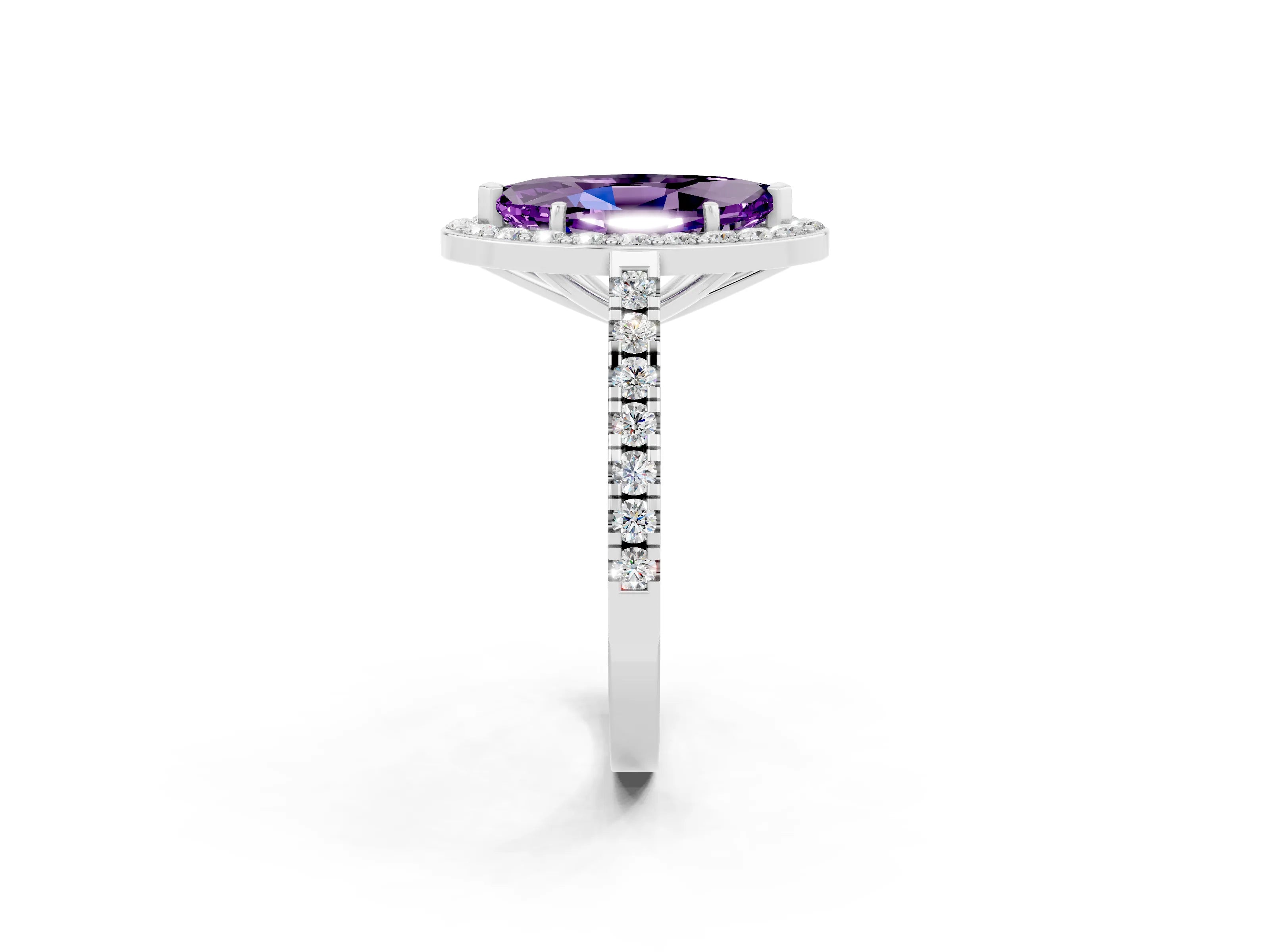 White gold Marquise Cut Halo Diamond Ring with Pavé Band and Three-Prong Setting_8