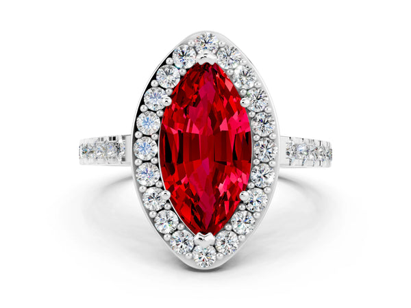 Silver Marquise Cut Ruby Halo Ring with Round Pavé Split Shank and Prong Setting