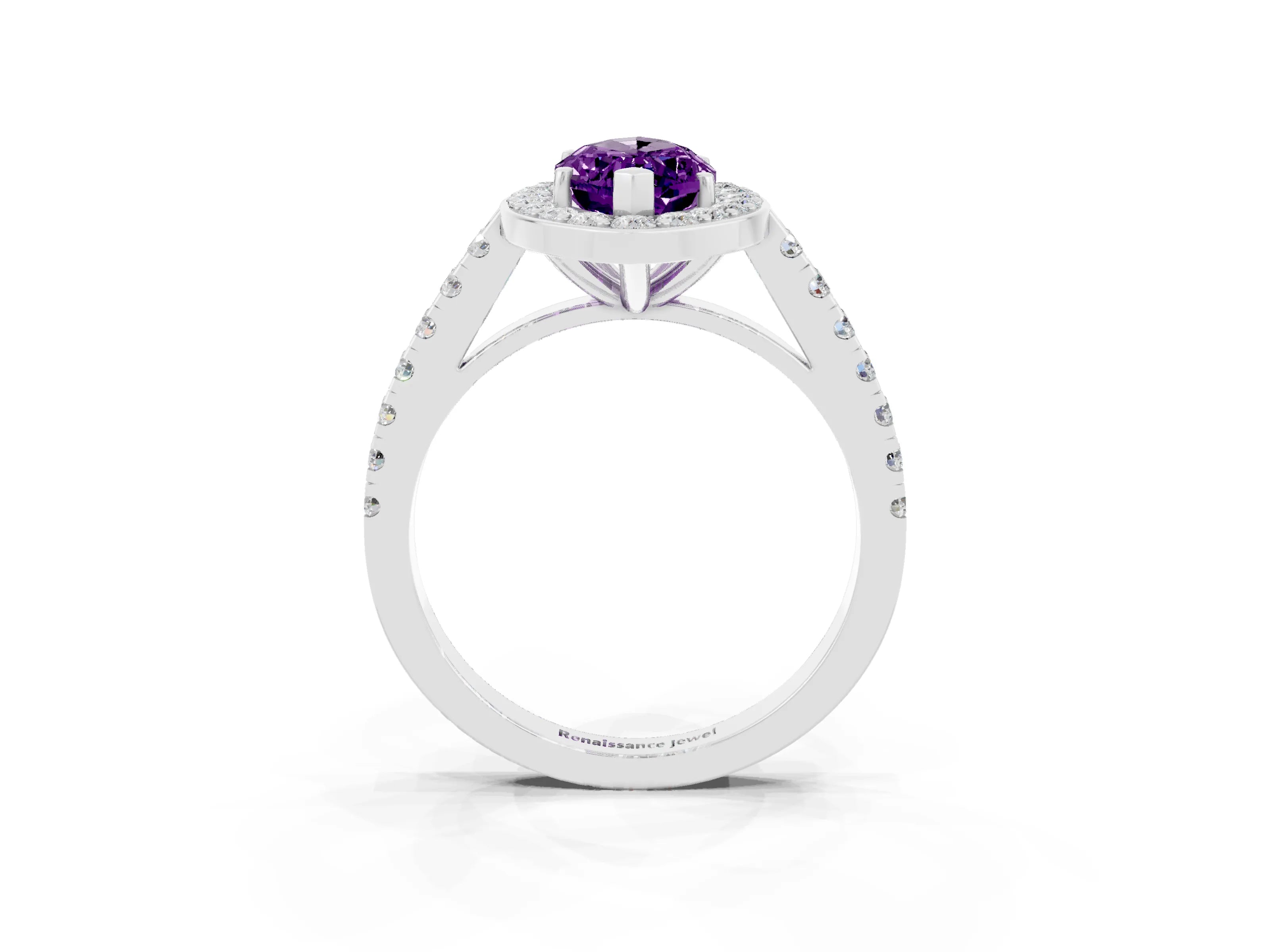 White gold Marquise Cut Halo Diamond Ring with Pavé Band and Three-Prong Setting_9