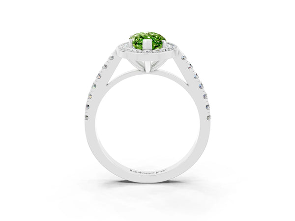 White gold Marquise Cut Halo Diamond Ring with Pavé Band and Three-Prong Setting