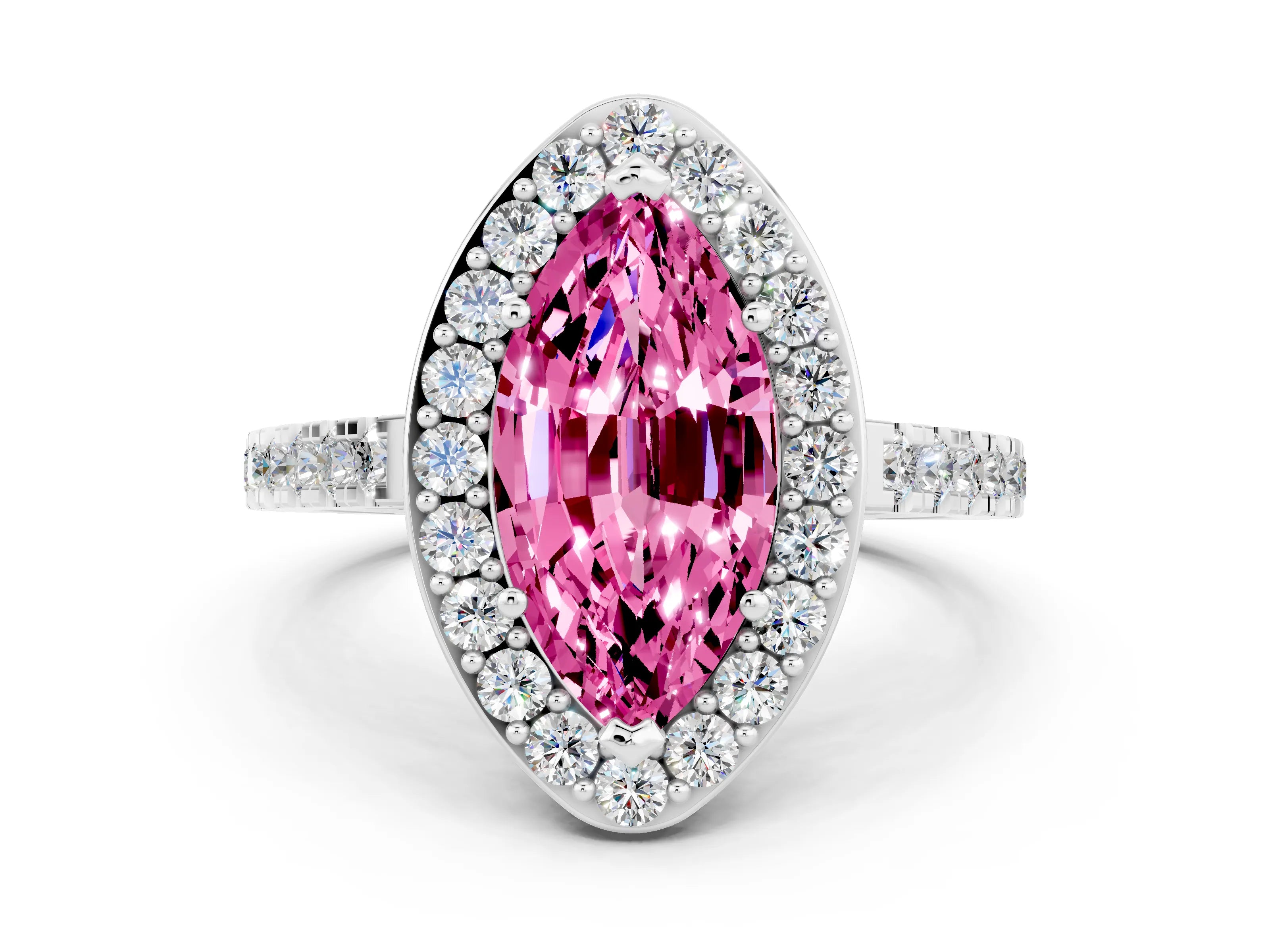 White gold Marquise Cut Halo Diamond Ring with Pavé Band and Three-Prong Setting