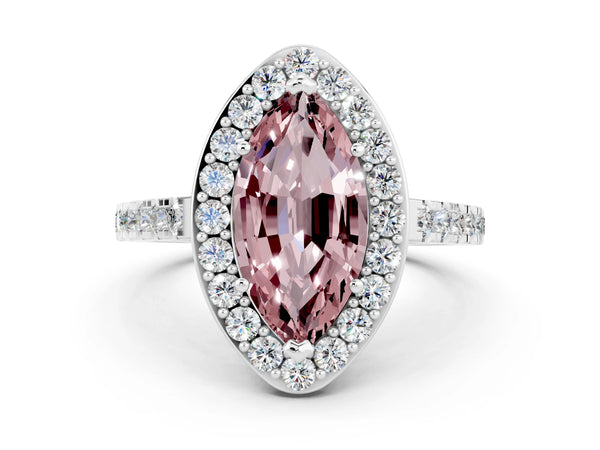 Platinum Marquise Cut Halo Diamond Ring with Pavé Band and Three-Prong Setting
