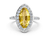 White gold Marquise Cut Halo Diamond Ring with Pavé Band and Three-Prong Setting