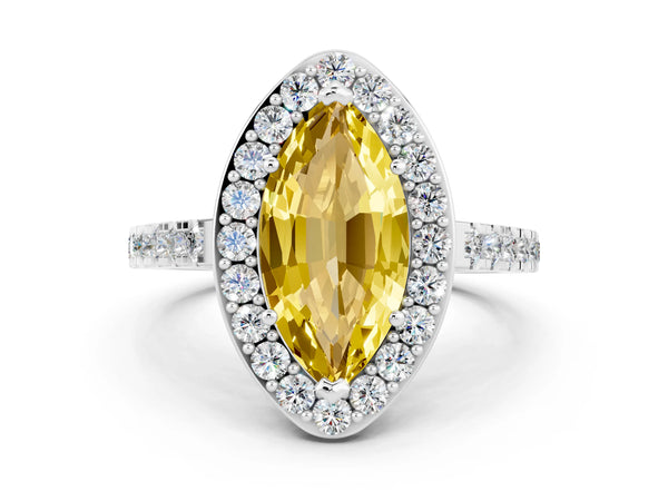 White gold Marquise Cut Yellow Sapphire Halo Ring with Round Pavé Split Shank and Prong Setting