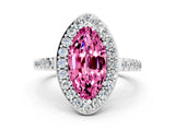 White gold Marquise Cut Halo Diamond Ring with Pavé Band and Three-Prong Setting