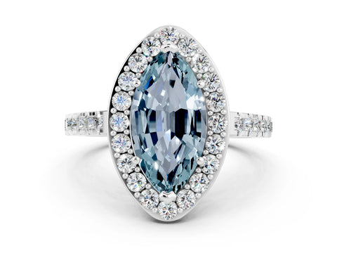 White gold Marquise Cut Halo Diamond Ring with Pavé Band and Three-Prong Setting