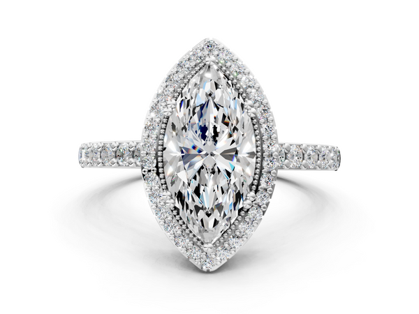 White gold Marquise Cut Diamond Halo Engagement Ring with Milgrain Detail and Pavé Band