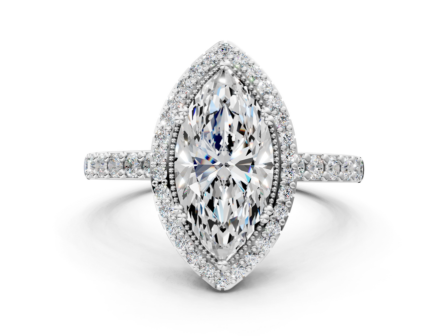 White gold Marquise Cut Diamond Halo Engagement Ring with Milgrain Detail and Pavé Band