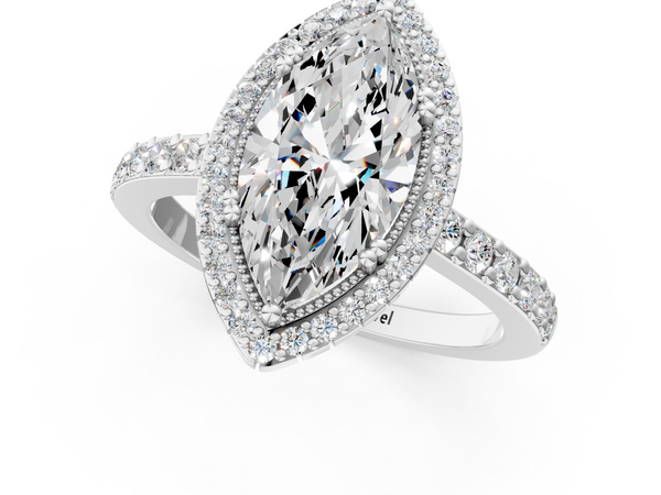 White gold Marquise Cut Diamond Halo Engagement Ring with Milgrain Detail and Pavé Band