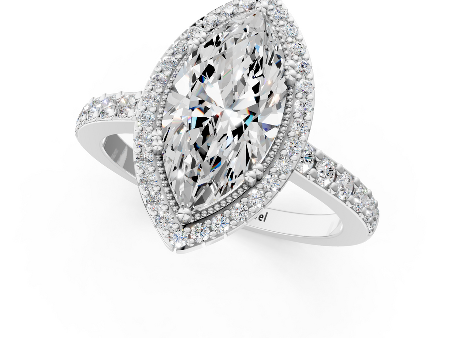 White gold Marquise Cut Diamond Halo Engagement Ring with Milgrain Detail and Pavé Band