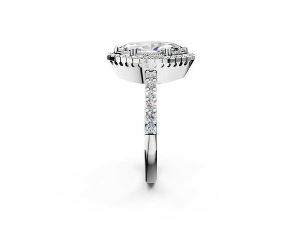 White gold Marquise Cut Diamond Halo Engagement Ring with Milgrain Detail and Pavé Band