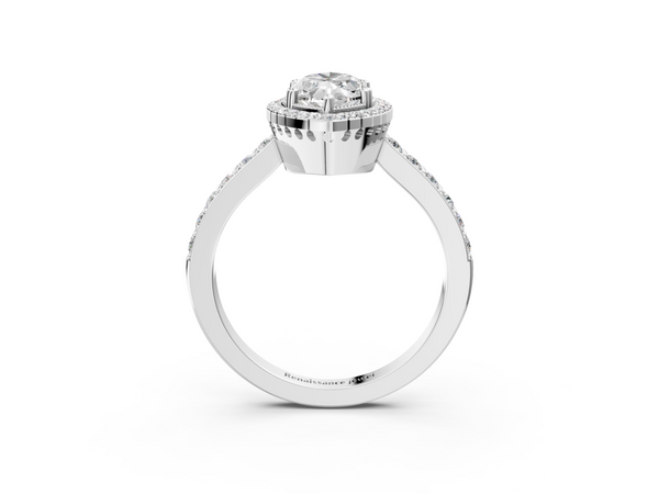 White gold Marquise Cut Diamond Halo Engagement Ring with Milgrain Detail and Pavé Band