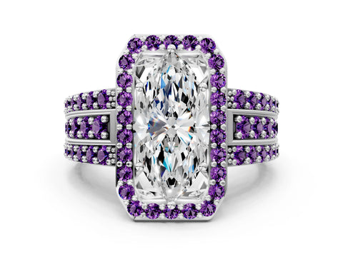 White gold Marquise Cut Halo Diamond Ring with Round with Amethyst side stone Split Shank and Prong Setting_24