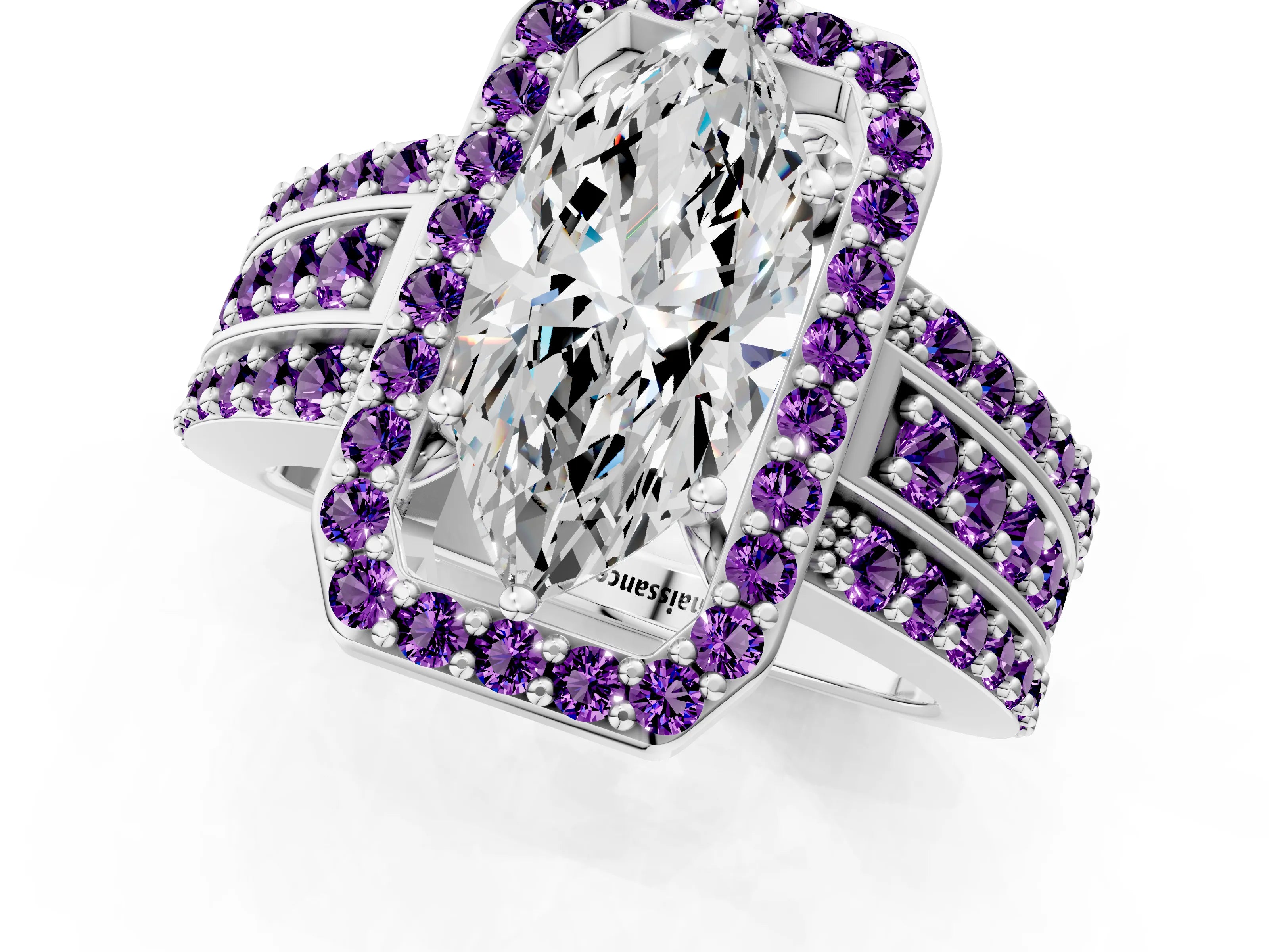 White gold Marquise Cut Halo Diamond Ring with Round with Amethyst side stone Split Shank and Prong Setting_25