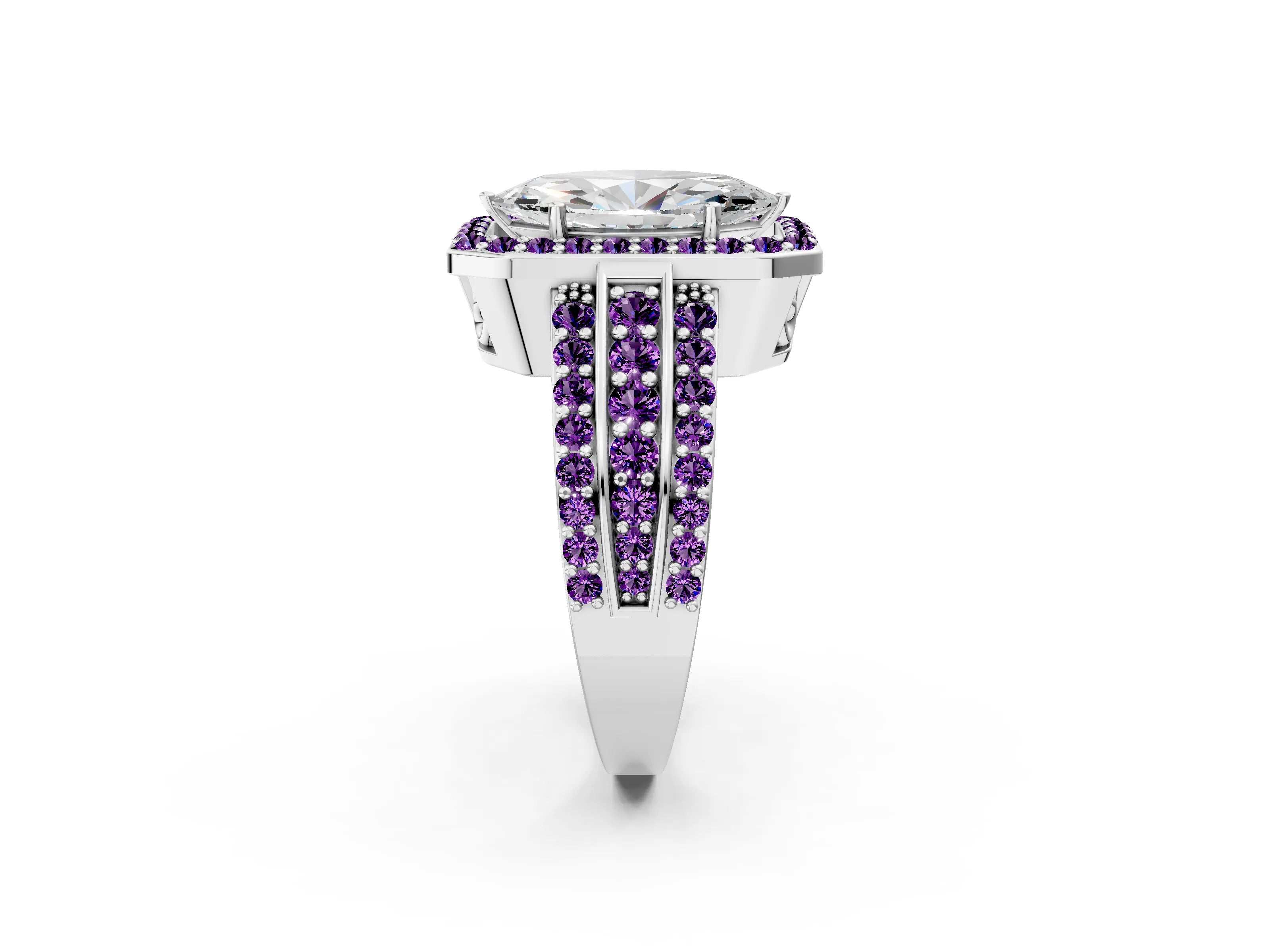 White gold Marquise Cut Halo Diamond Ring with Round with Amethyst side stone Split Shank and Prong Setting_26