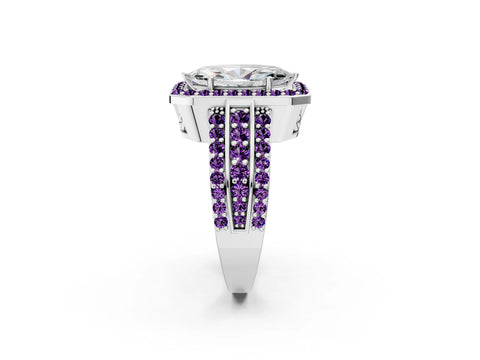White gold Marquise Cut Halo Diamond Ring with Round with Amethyst side stone Split Shank and Prong Setting_26