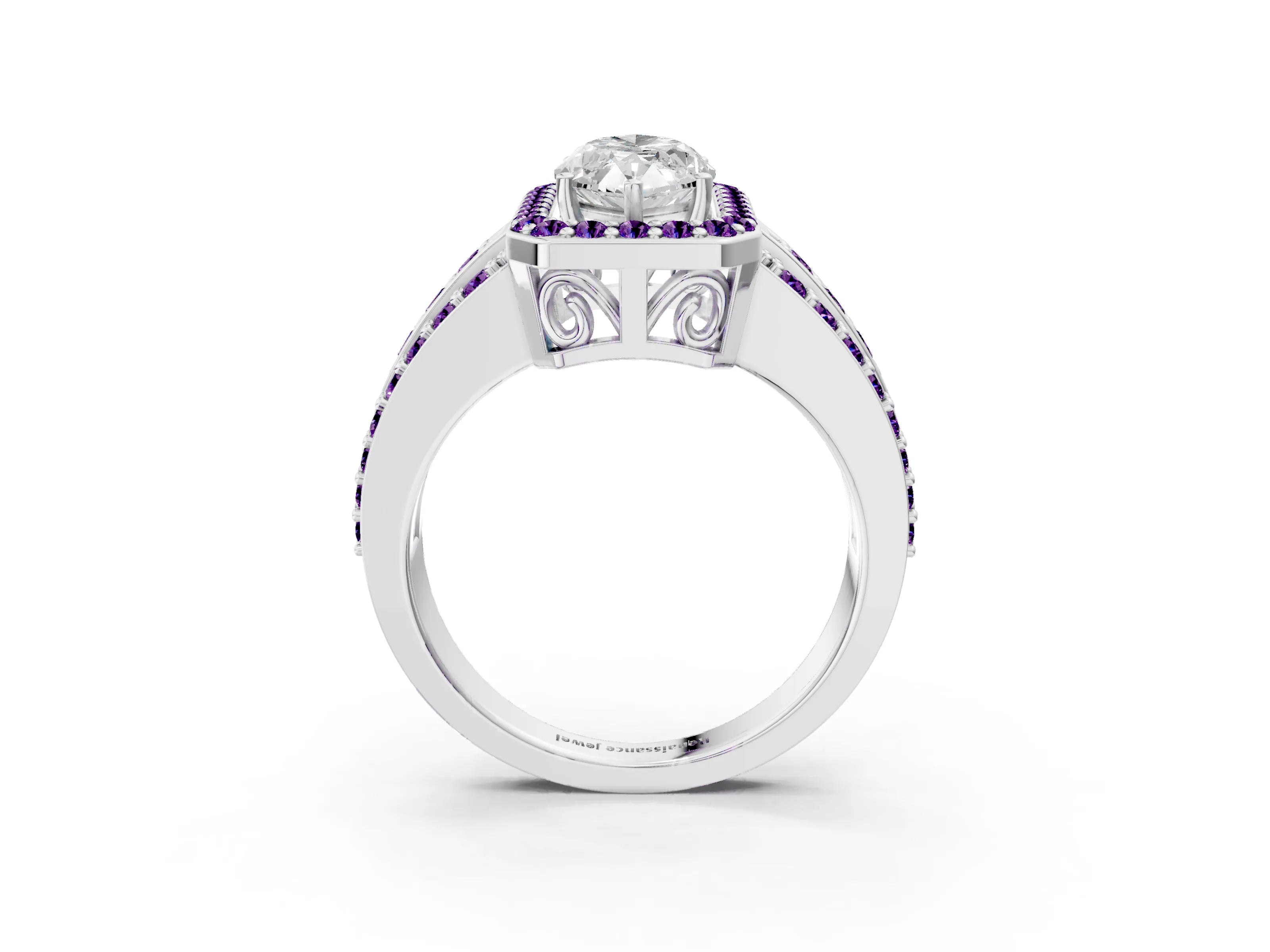 White gold Marquise Cut Halo Diamond Ring with Round with Amethyst side stone Split Shank and Prong Setting_27