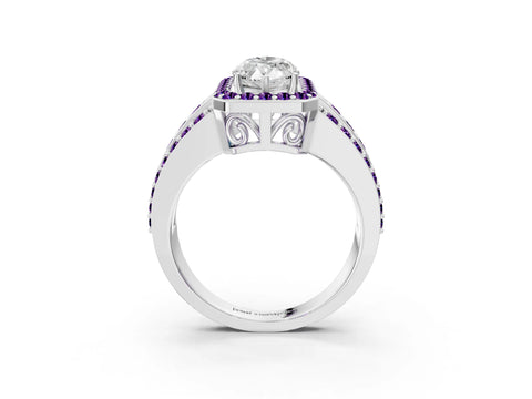 White gold Marquise Cut Halo Diamond Ring with Round with Amethyst side stone Split Shank and Prong Setting_27