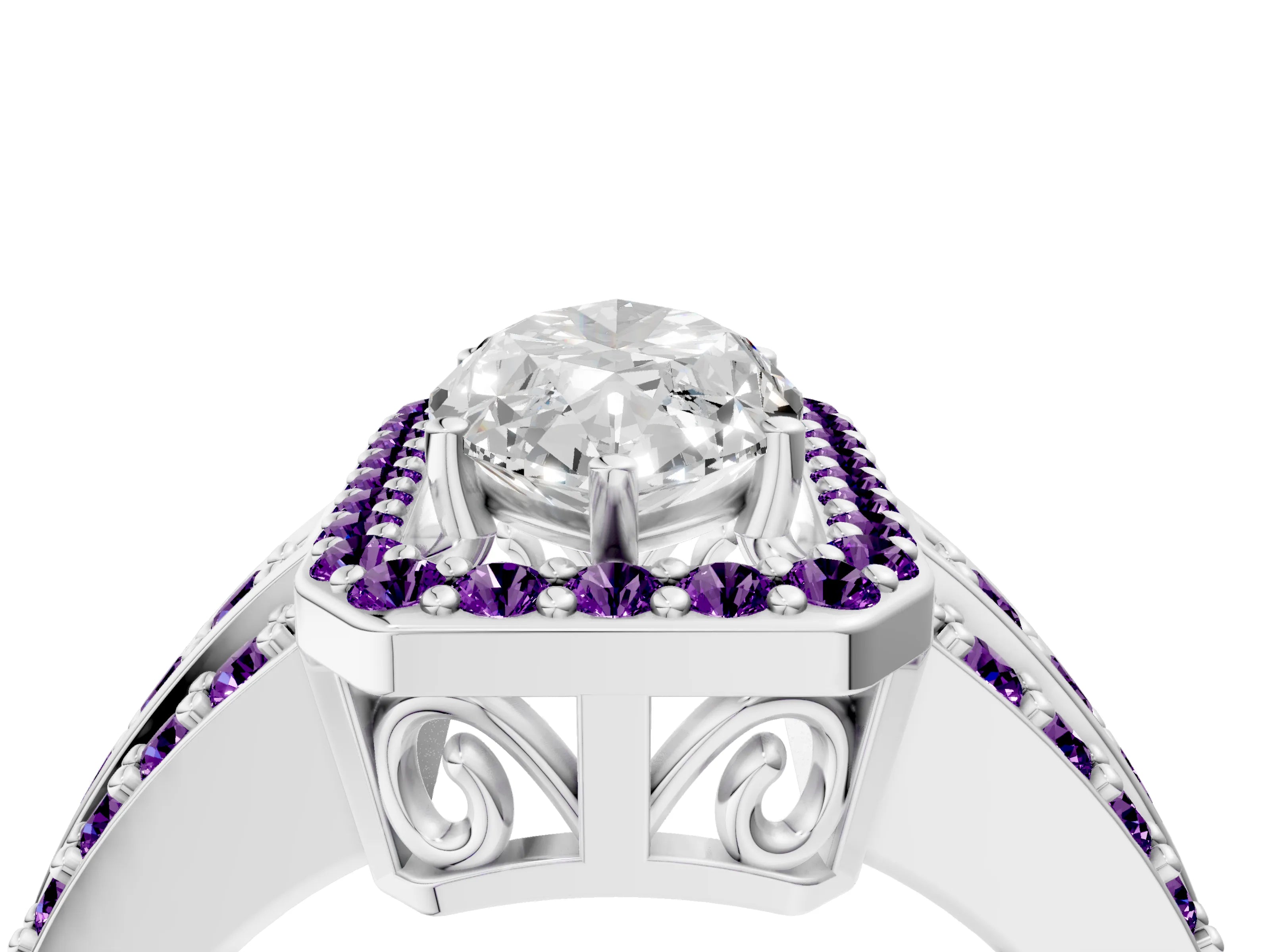 White gold Marquise Cut Halo Diamond Ring with Round with Amethyst side stone Split Shank and Prong Setting_28