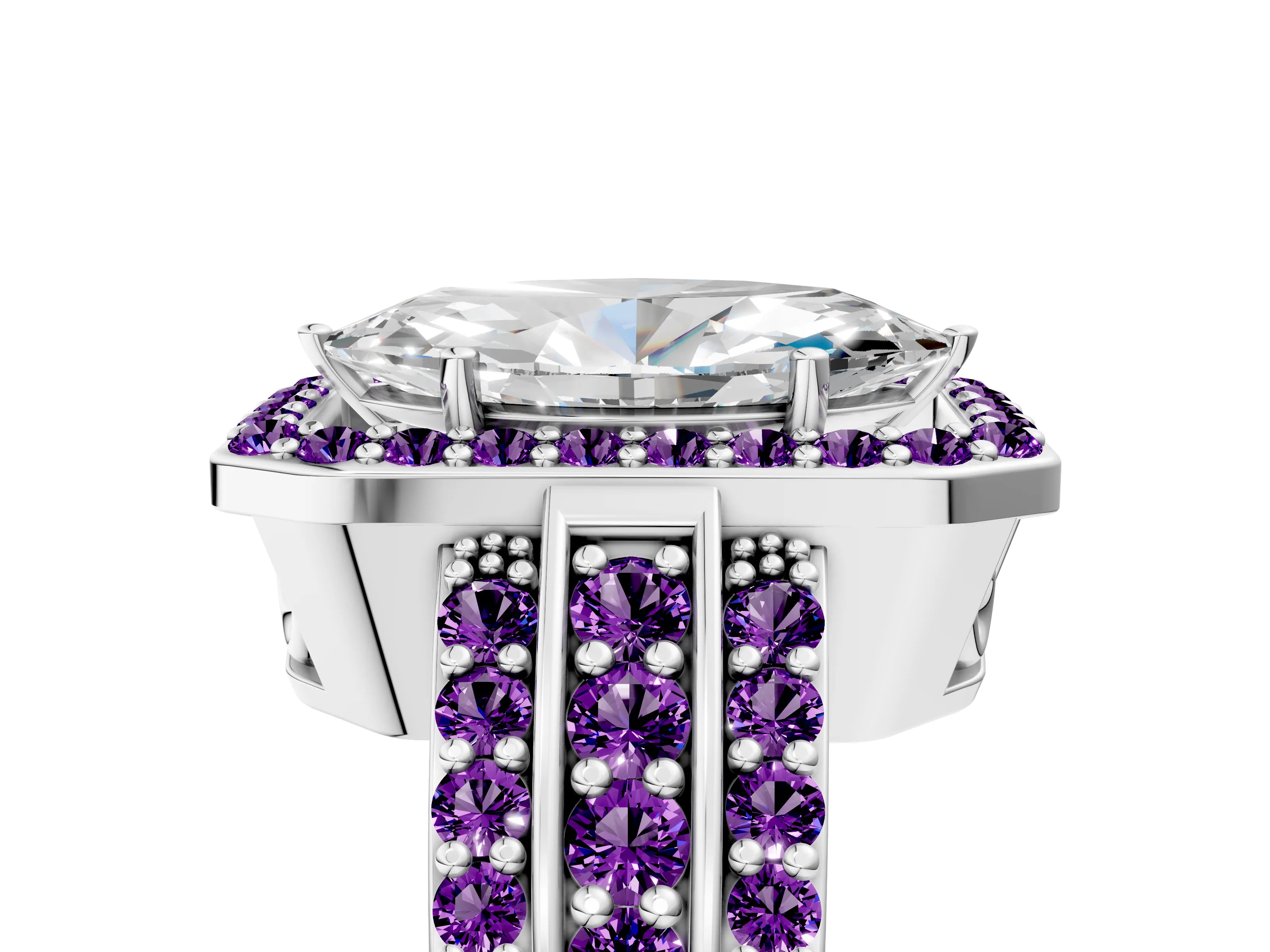 White gold Marquise Cut Halo Diamond Ring with Round with Amethyst side stone Split Shank and Prong Setting_29