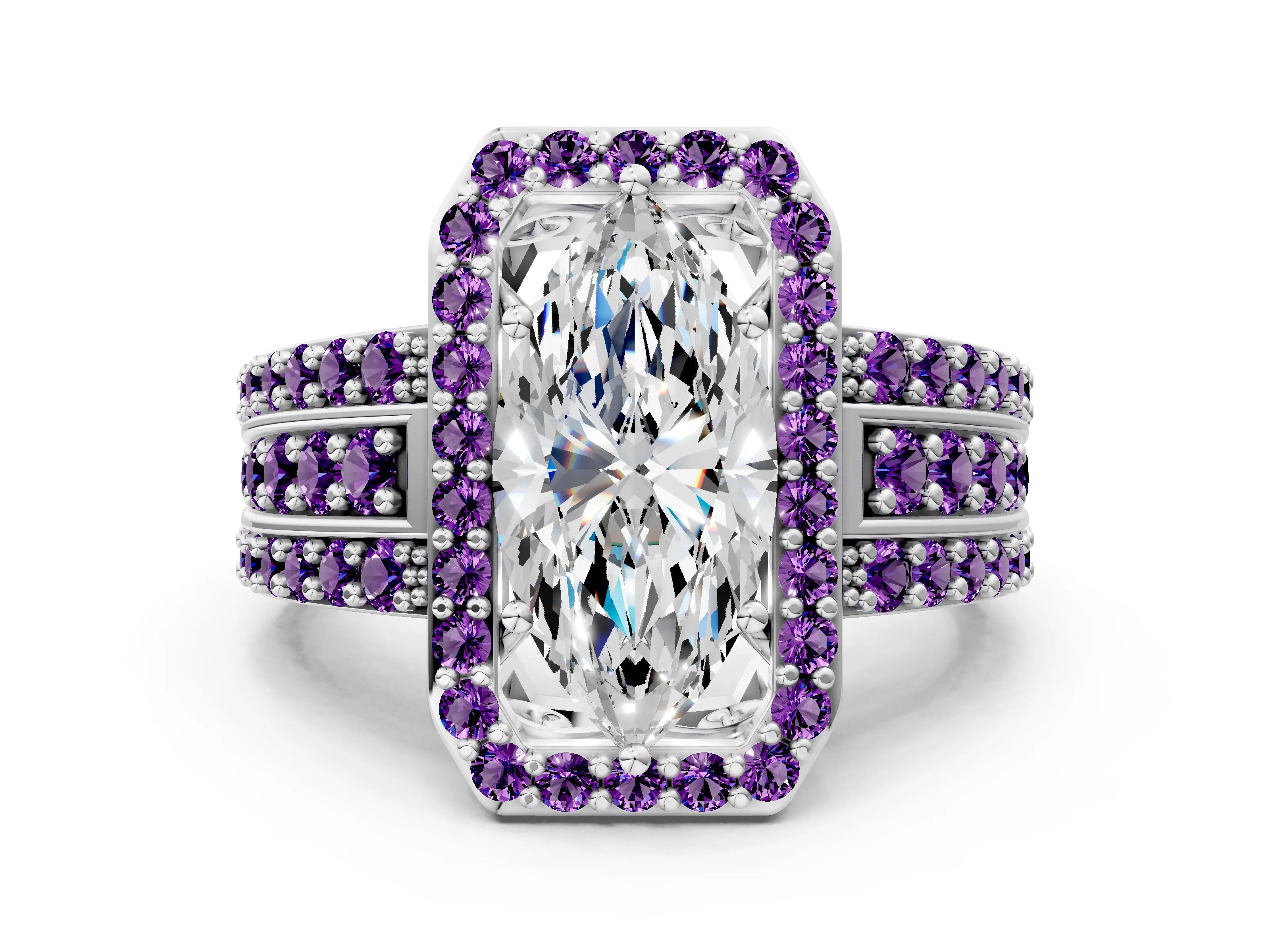 White gold Marquise Cut Halo Diamond Ring with Round with Amethyst side stone Split Shank and Prong Setting_48