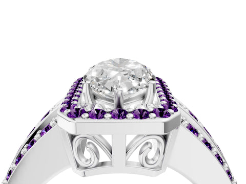 White gold Marquise Cut Halo Diamond Ring with Round with Amethyst side stone Split Shank and Prong Setting_52