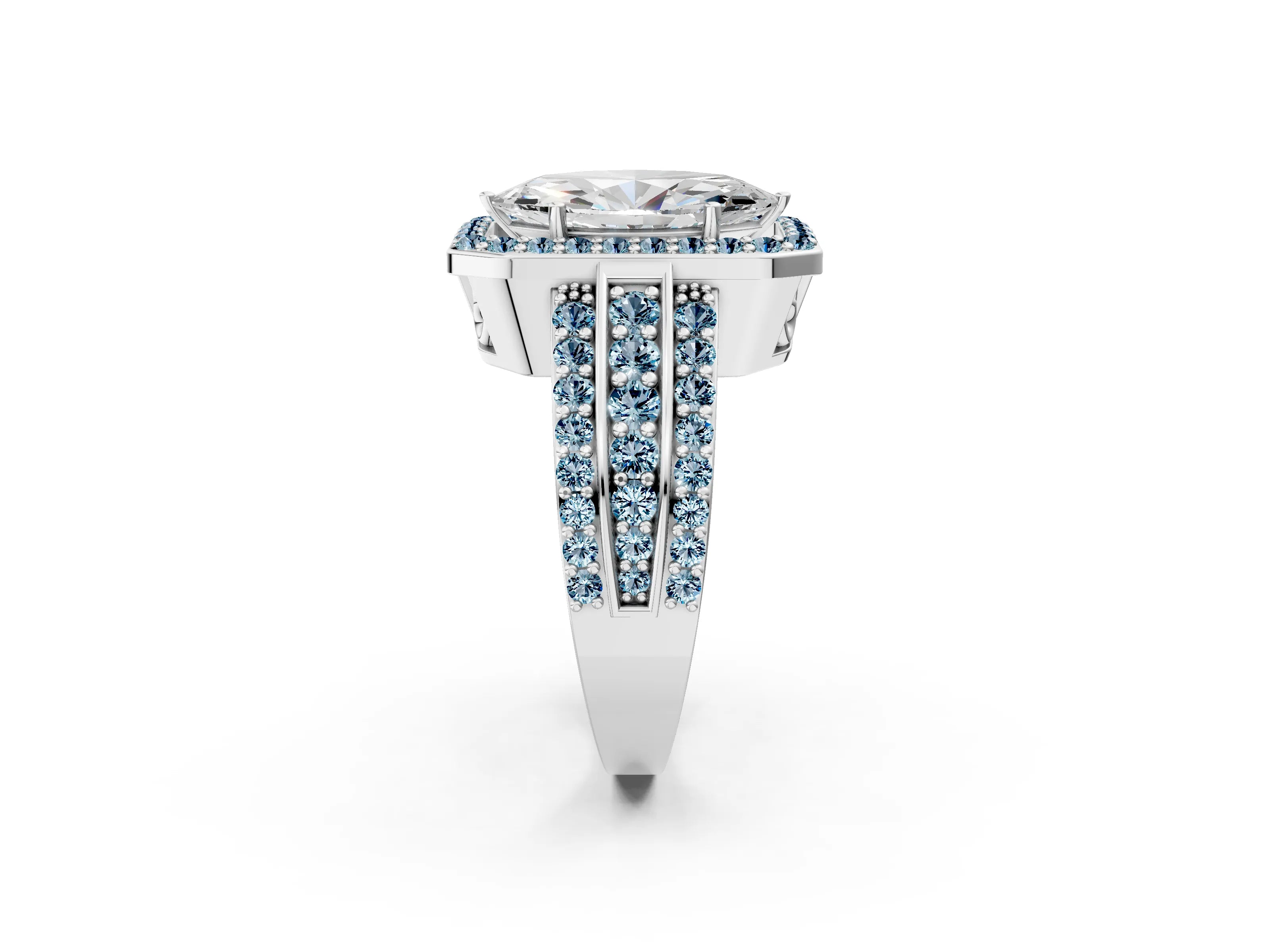 White gold Marquise Cut Halo Diamond Ring with Round with Aquamarine side stone Split Shank and Prong Setting_14