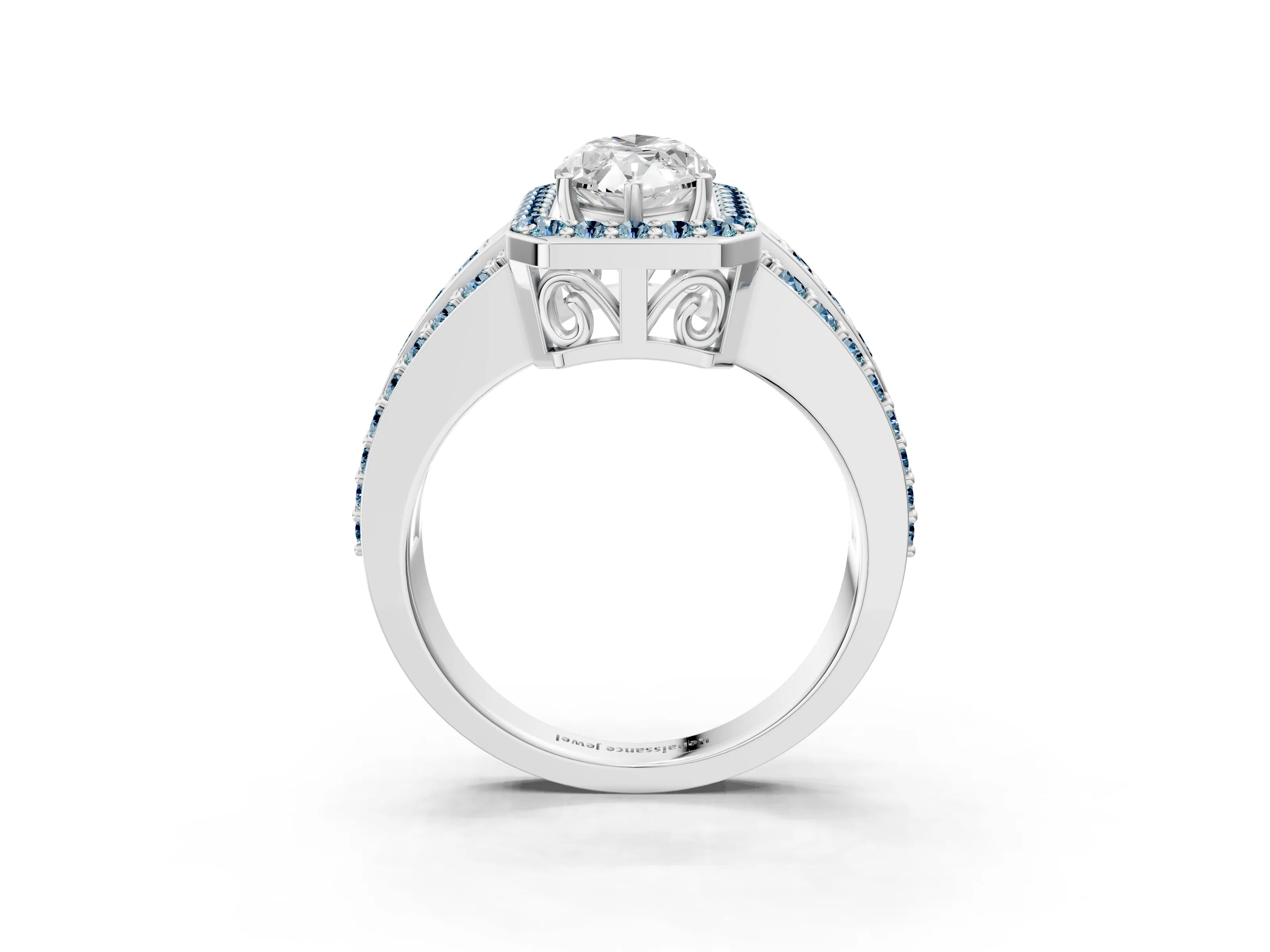 White gold Marquise Cut Halo Diamond Ring with Round with Aquamarine side stone Split Shank and Prong Setting_15