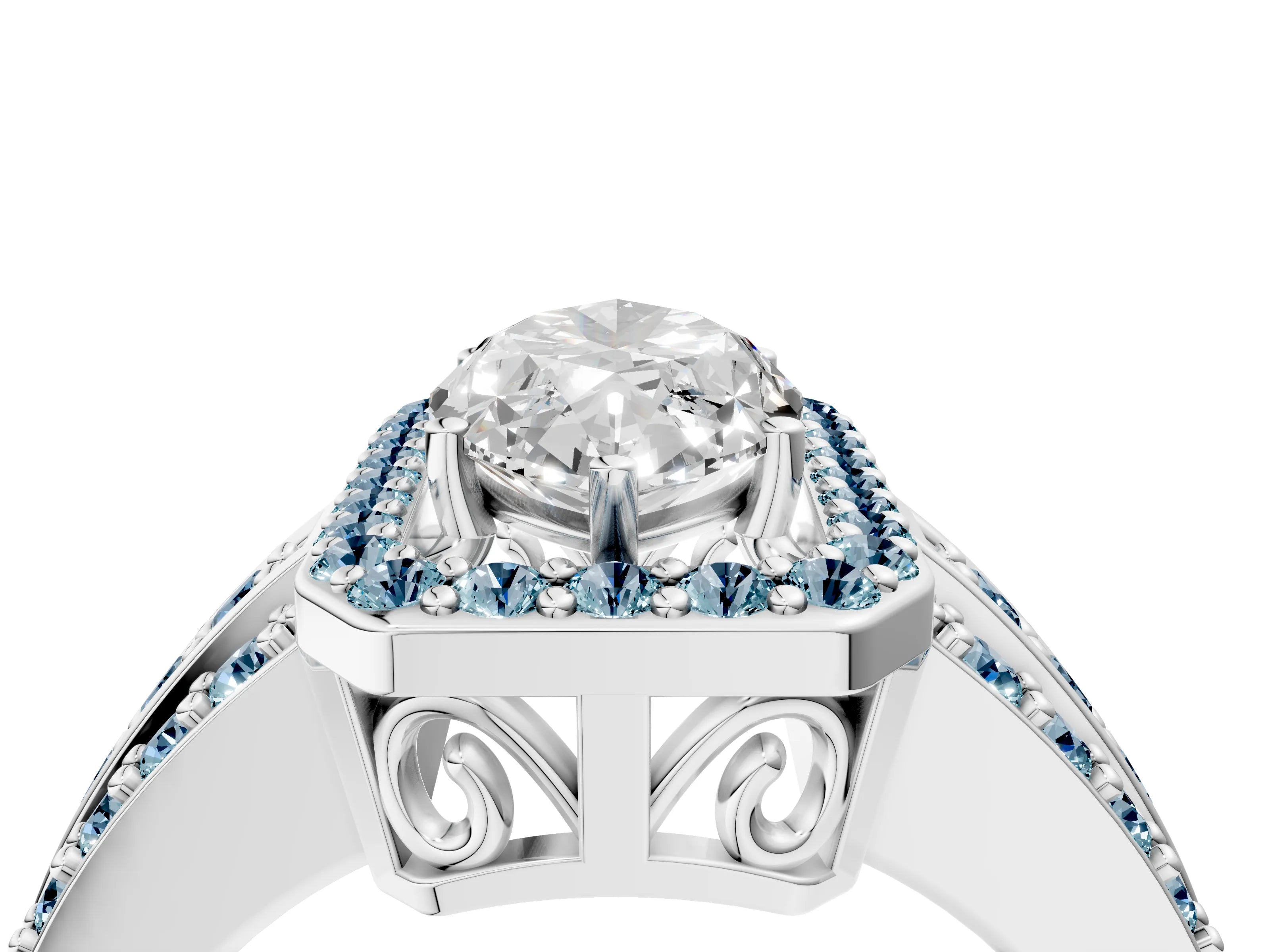 White gold Marquise Cut Halo Diamond Ring with Round with Aquamarine side stone Split Shank and Prong Setting_16