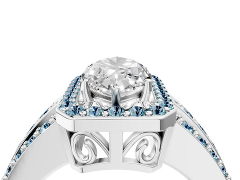 White gold Marquise Cut Halo Diamond Ring with Round with Aquamarine side stone Split Shank and Prong Setting_16