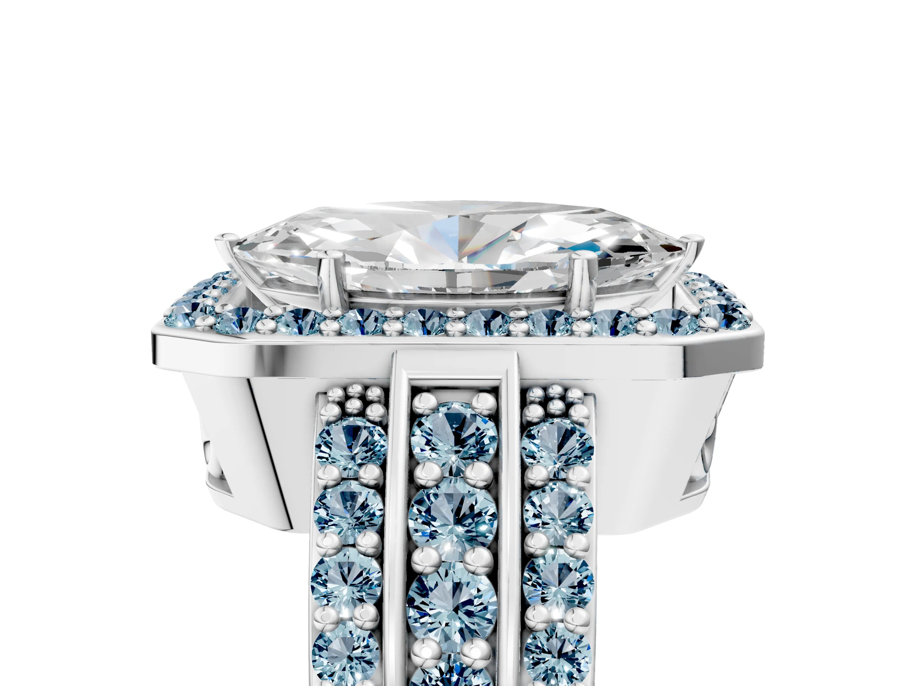White gold Marquise Cut Halo Diamond Ring with Round with Aquamarine side stone Split Shank and Prong Setting_17
