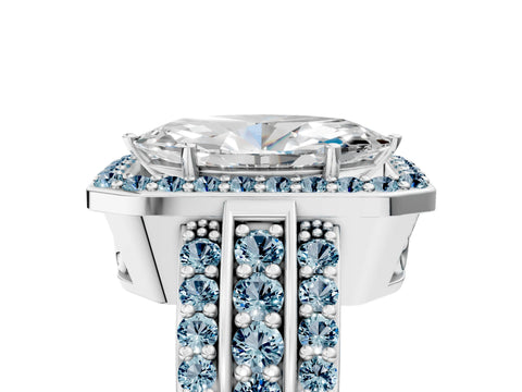 White gold Marquise Cut Halo Diamond Ring with Round with Aquamarine side stone Split Shank and Prong Setting_17