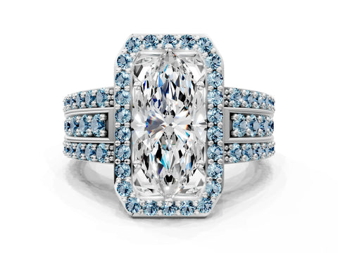 White gold Marquise Cut Halo Diamond Ring with Round with Aquamarine side stone Split Shank and Prong Setting_36