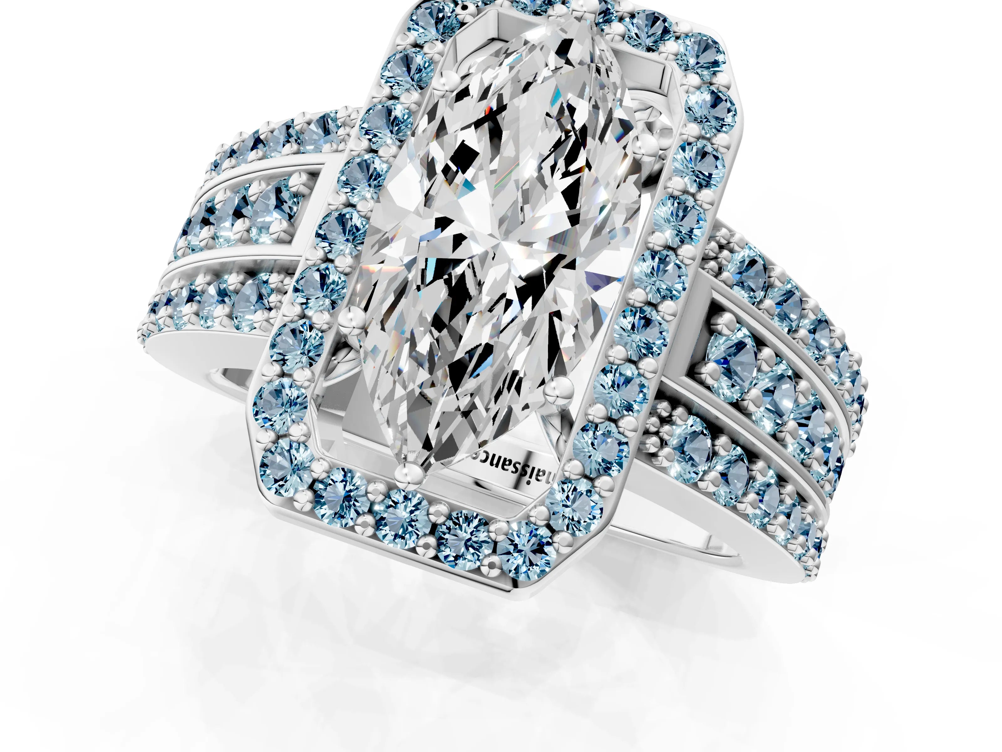 White gold Marquise Cut Halo Diamond Ring with Round with Aquamarine side stone Split Shank and Prong Setting_37