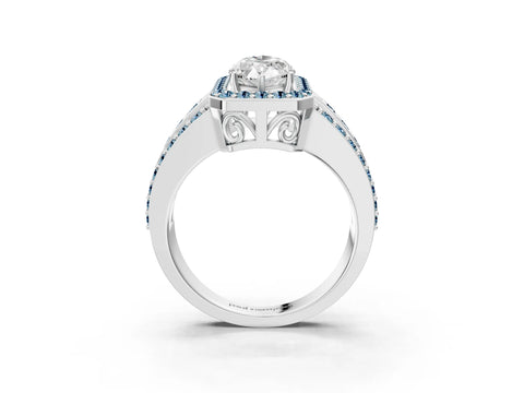 White gold Marquise Cut Halo Diamond Ring with Round with Aquamarine side stone Split Shank and Prong Setting_39