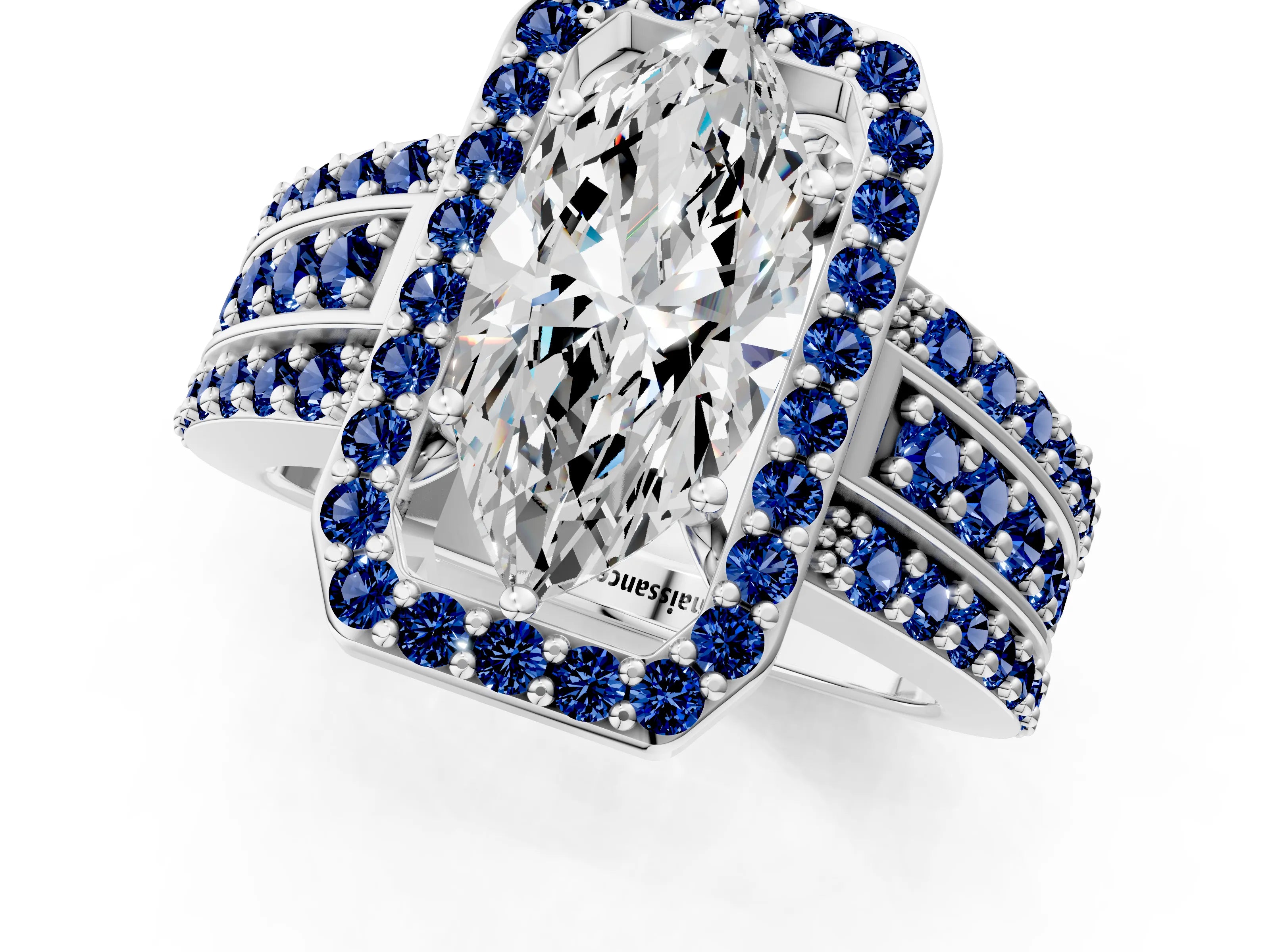 White gold Marquise Cut Halo Diamond Ring with Round with Blue Sapphire side stone Split Shank and Prong Setting_25