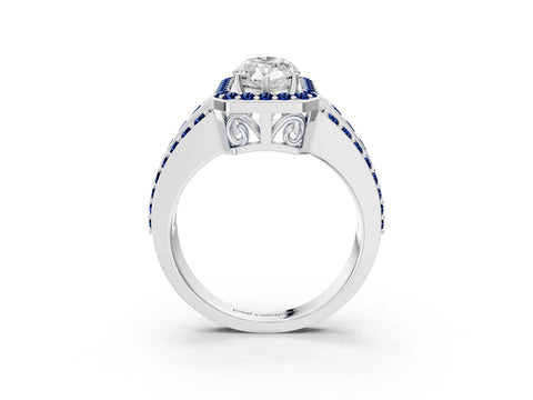White gold Marquise Cut Halo Diamond Ring with Round with Blue Sapphire side stone Split Shank and Prong Setting_27