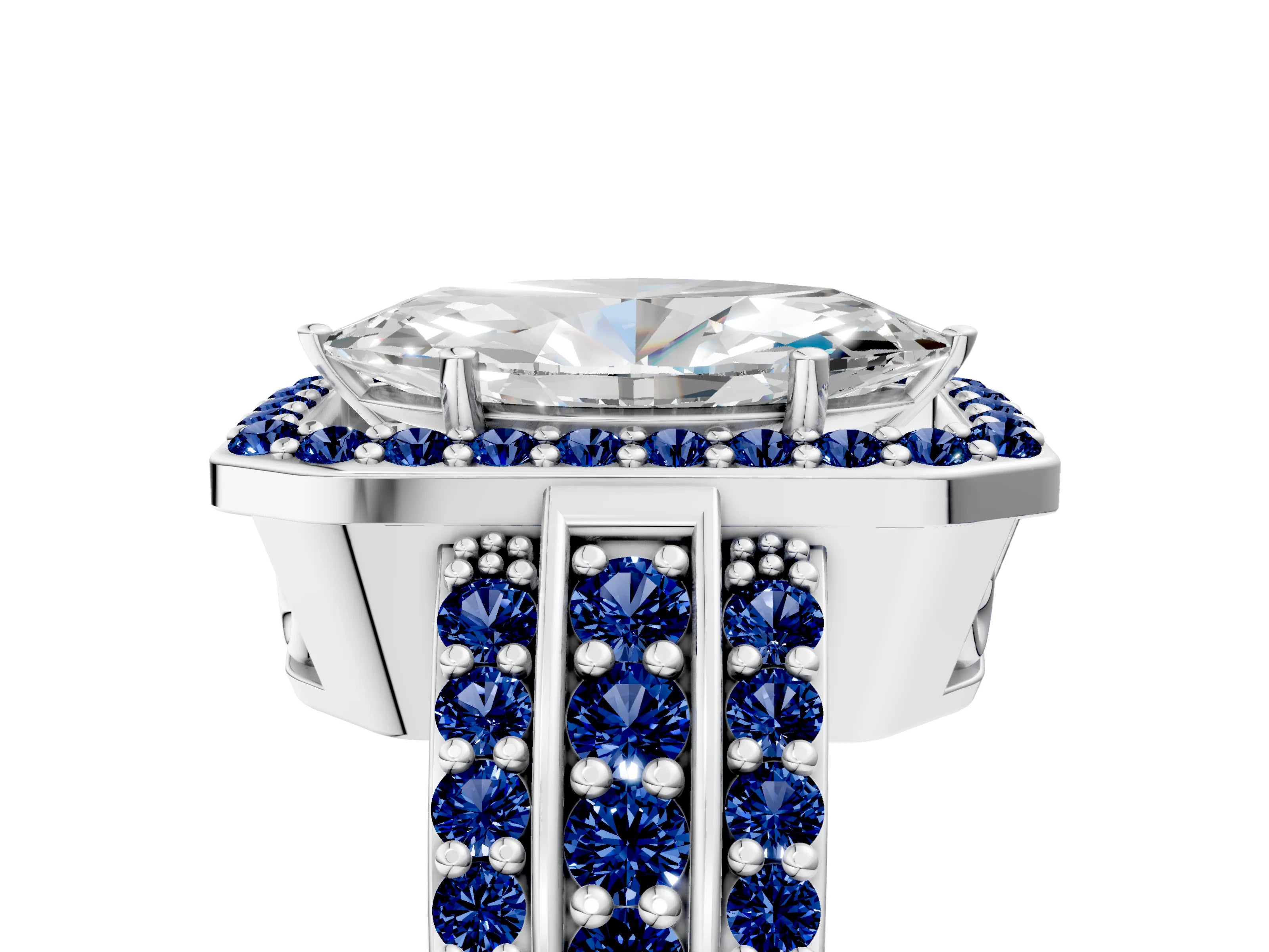 White gold Marquise Cut Halo Diamond Ring with Round with Blue Sapphire side stone Split Shank and Prong Setting_29