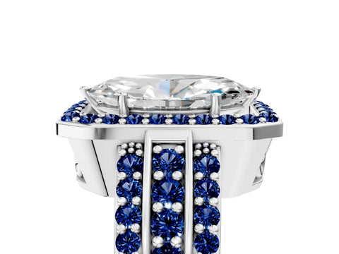 White gold Marquise Cut Halo Diamond Ring with Round with Blue Sapphire side stone Split Shank and Prong Setting_29