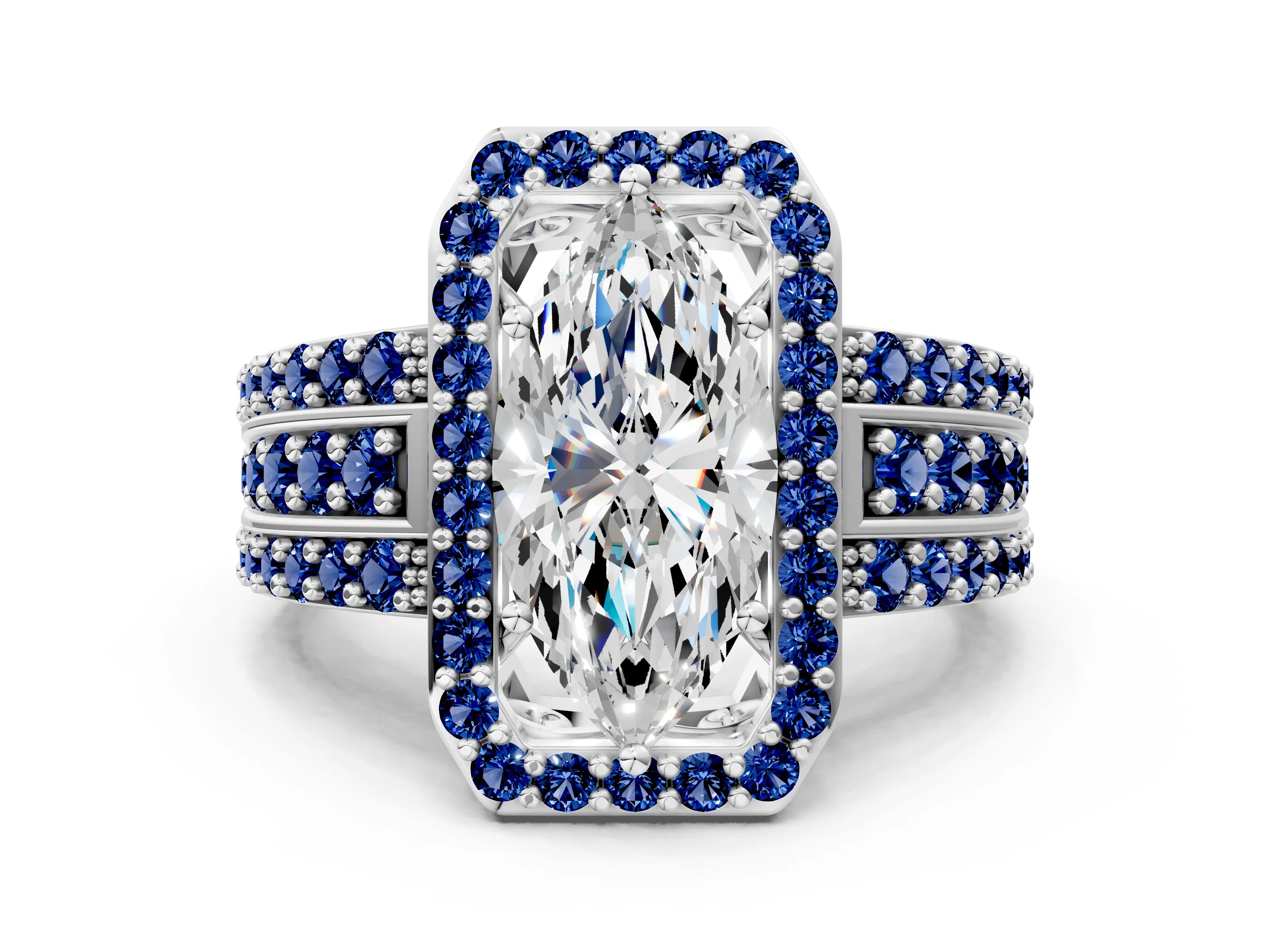 White gold Marquise Cut Halo Diamond Ring with Round with Blue Sapphire side stone Split Shank and Prong Setting_48