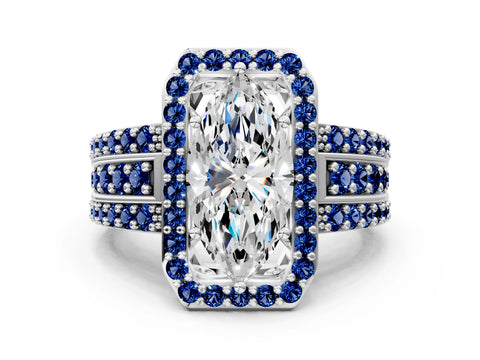 White gold Marquise Cut Halo Diamond Ring with Round with Blue Sapphire side stone Split Shank and Prong Setting_48